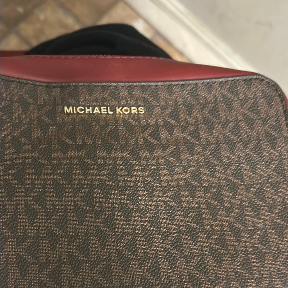 Michael Kors Brown and Red Messenger Bag with Signature Logo Print